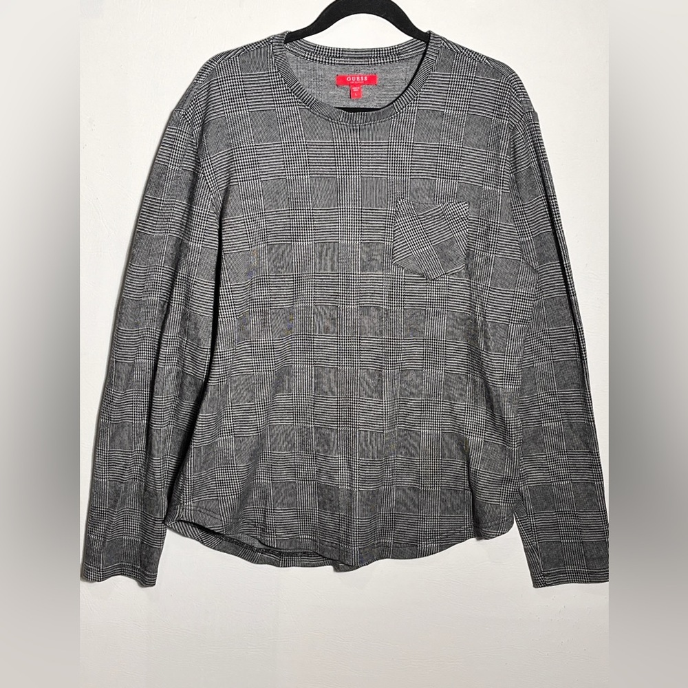 Guess Black and White Checkered Long Sleeve Shirt Large